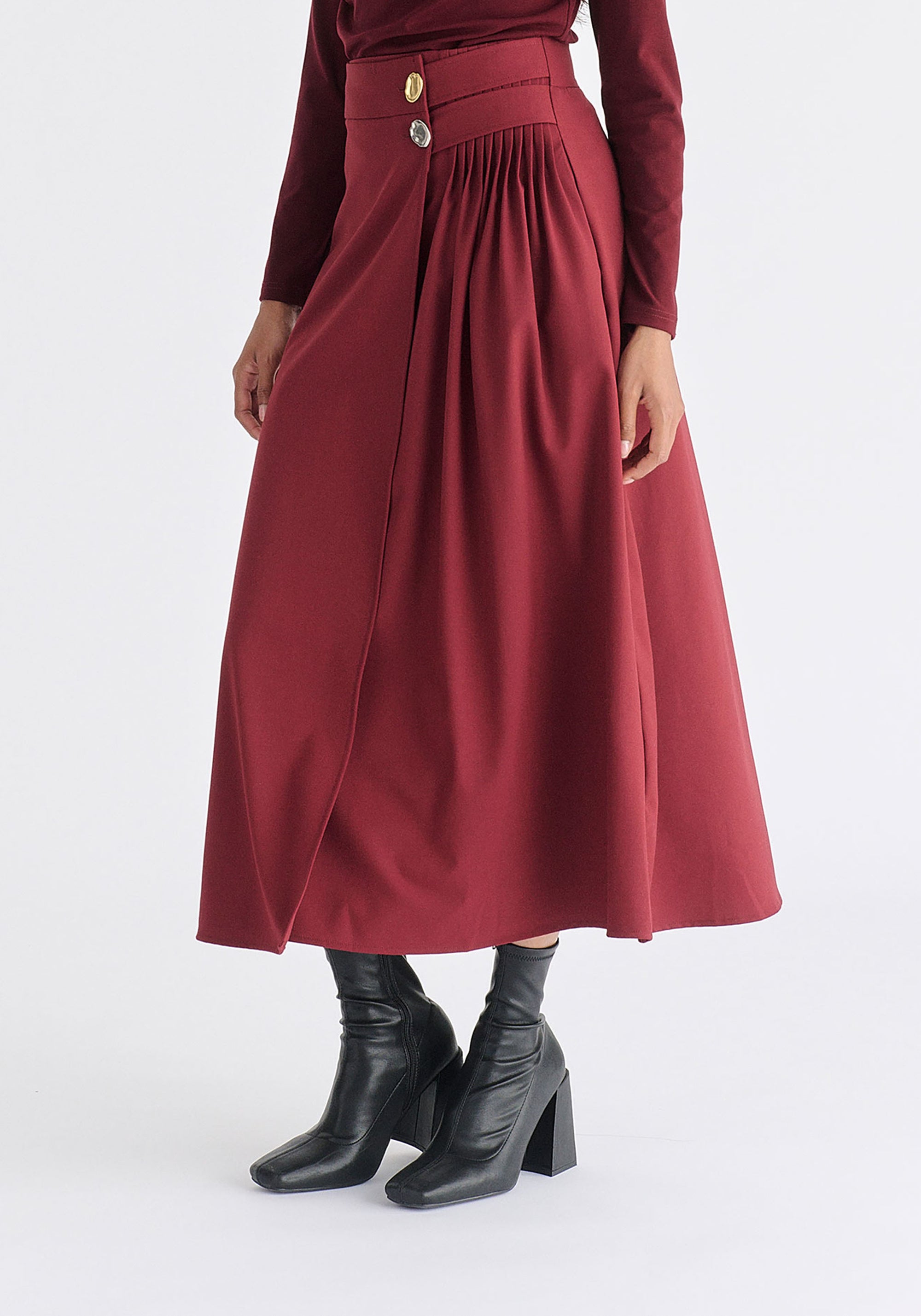 Wrap Midi Skirt with Pleated Detail in Burgundy