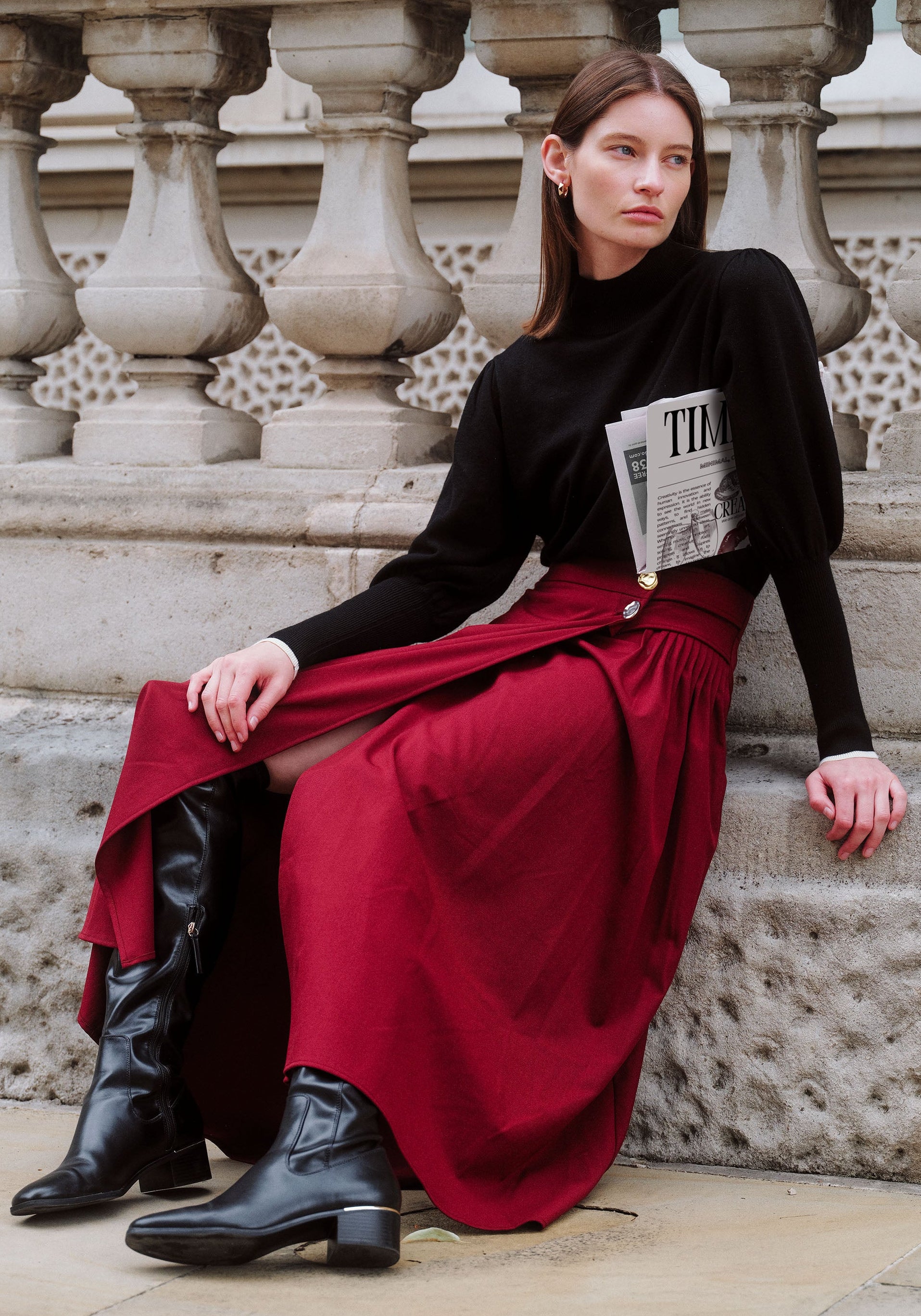 Wrap Midi Skirt with Pleated Detail in Burgundy Photoshoot