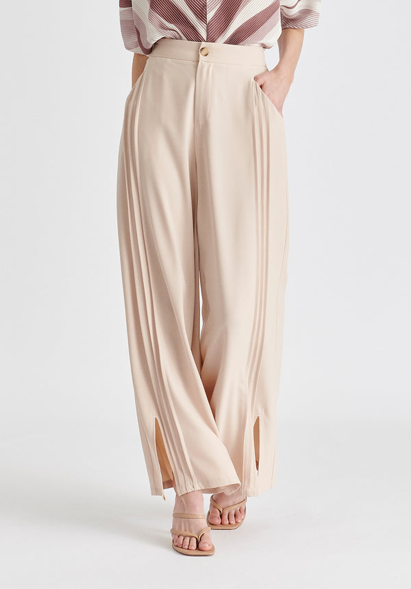 Wide Leg Trousers with Side Pleats and Split Hem In Taupe Front
