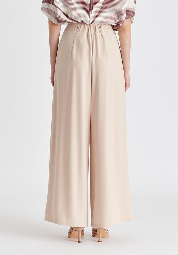 Wide Leg Trousers with Side Pleats and Split Hem In Taupe Back