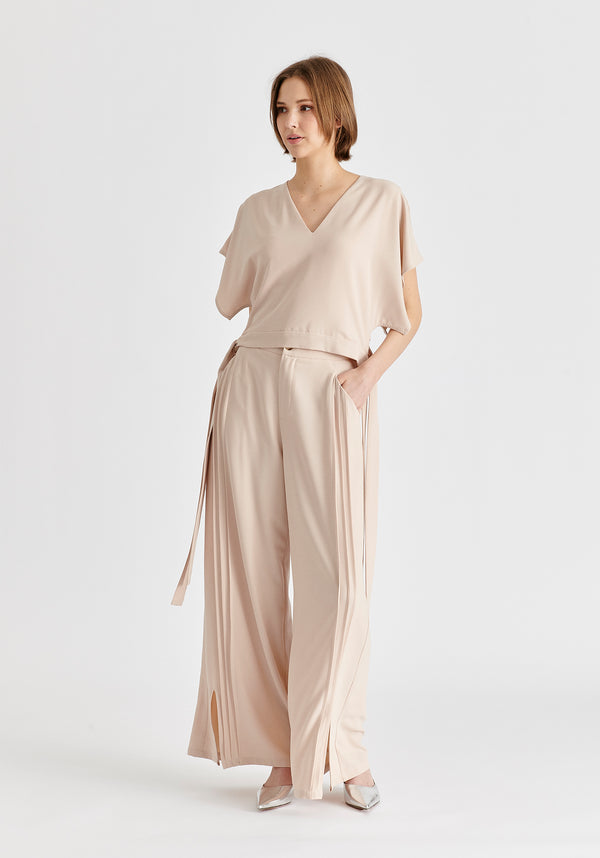 Wide Leg Trousers with Side Pleats and Split Hem In Taupe Side