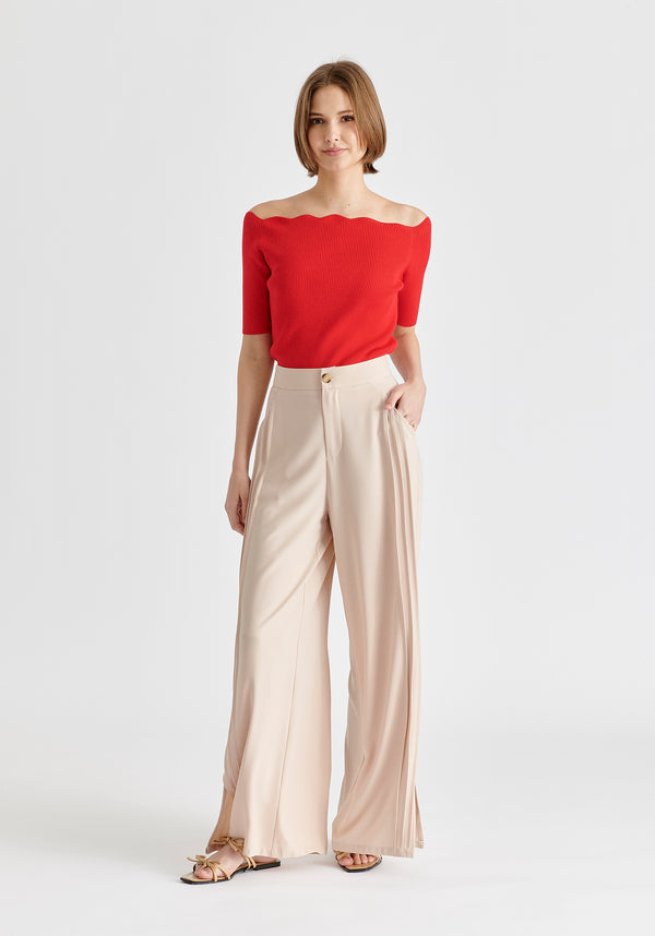 Wide Leg Trousers with Side Pleats and Split Hem In Taupe Front