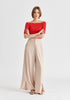 Wide Leg Trousers with Side Pleats and Split Hem In Taupe Front