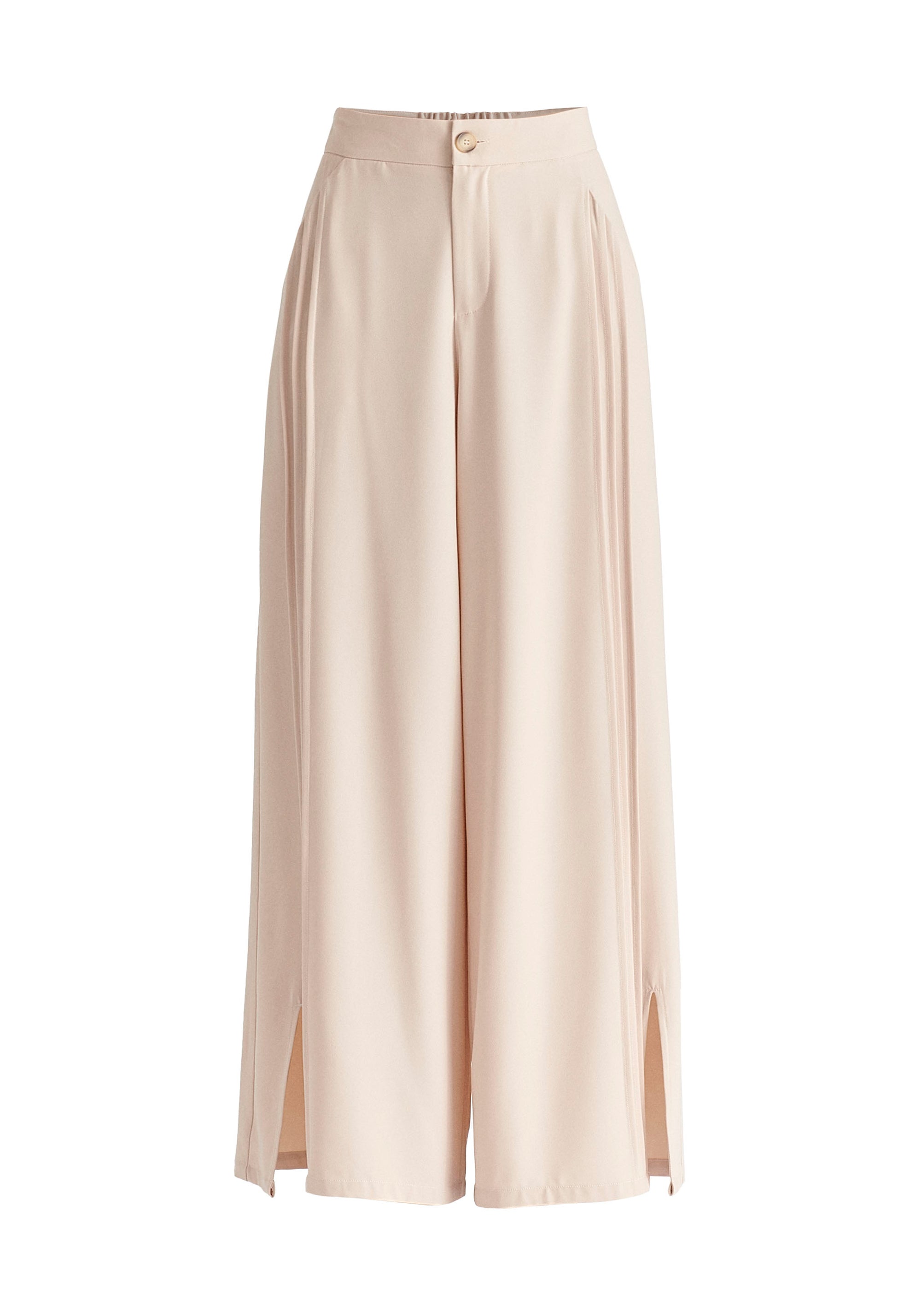 Wide Leg Trousers with Side Pleats and Split Hem In Taupe Cutout