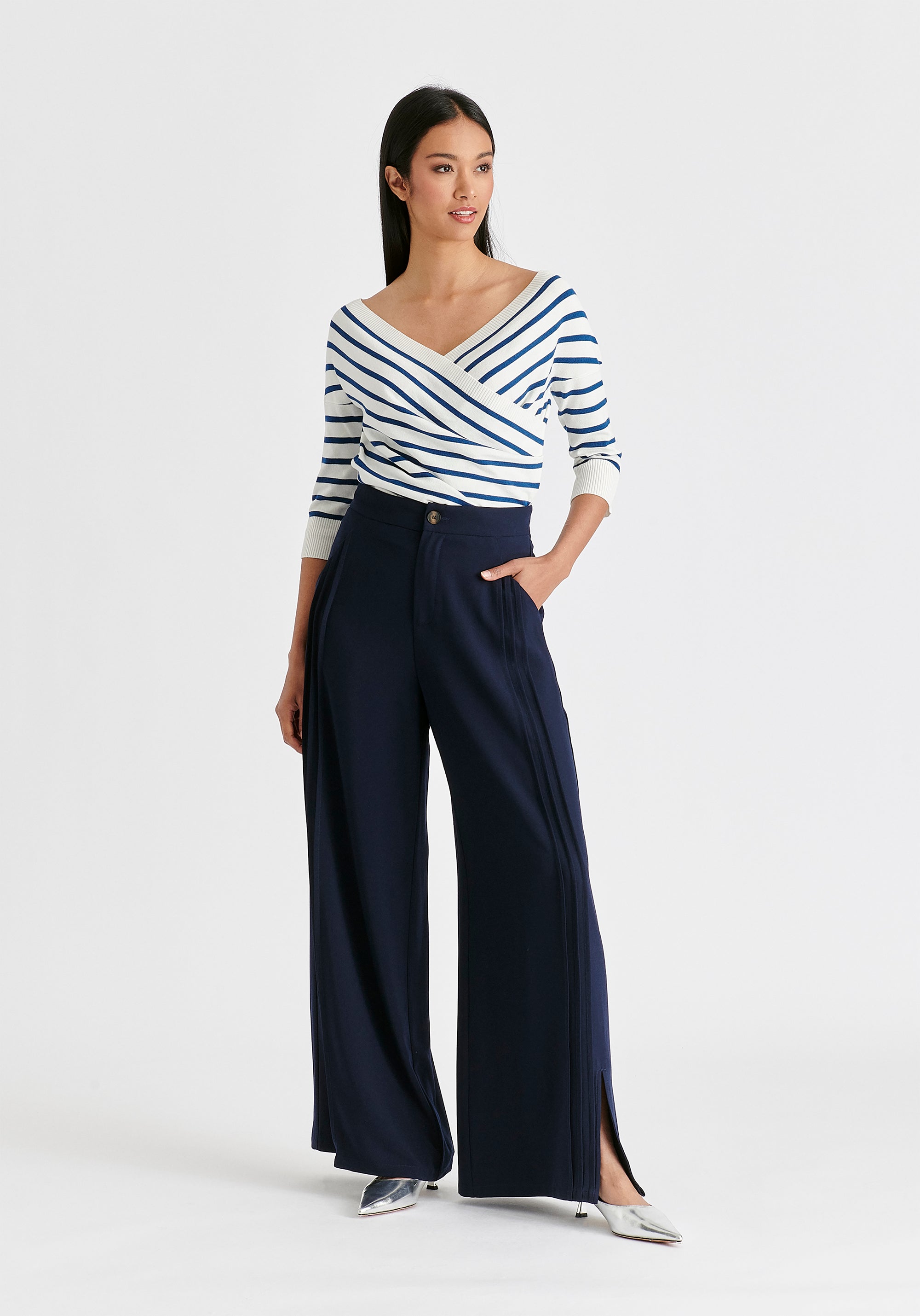 Wide Leg Trousers with Side Pleats and Split Hem In Navy