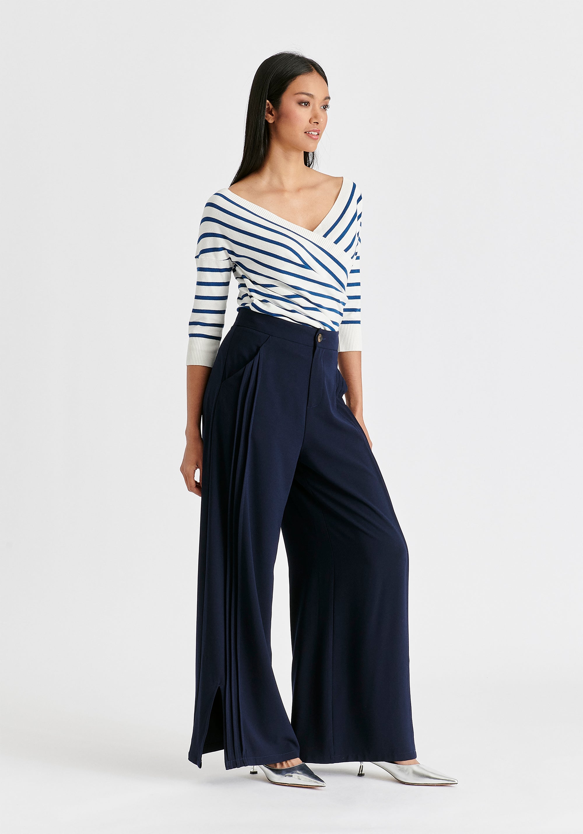 Wide Leg Trousers with Side Pleats and Split Hem In Navy Side