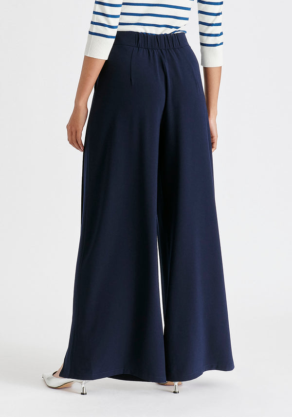 Wide Leg Trousers with Side Pleats and Split Hem In Navy Closeup