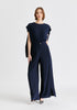 Wide Leg Trousers with Side Pleats and Split Hem In Navy Front