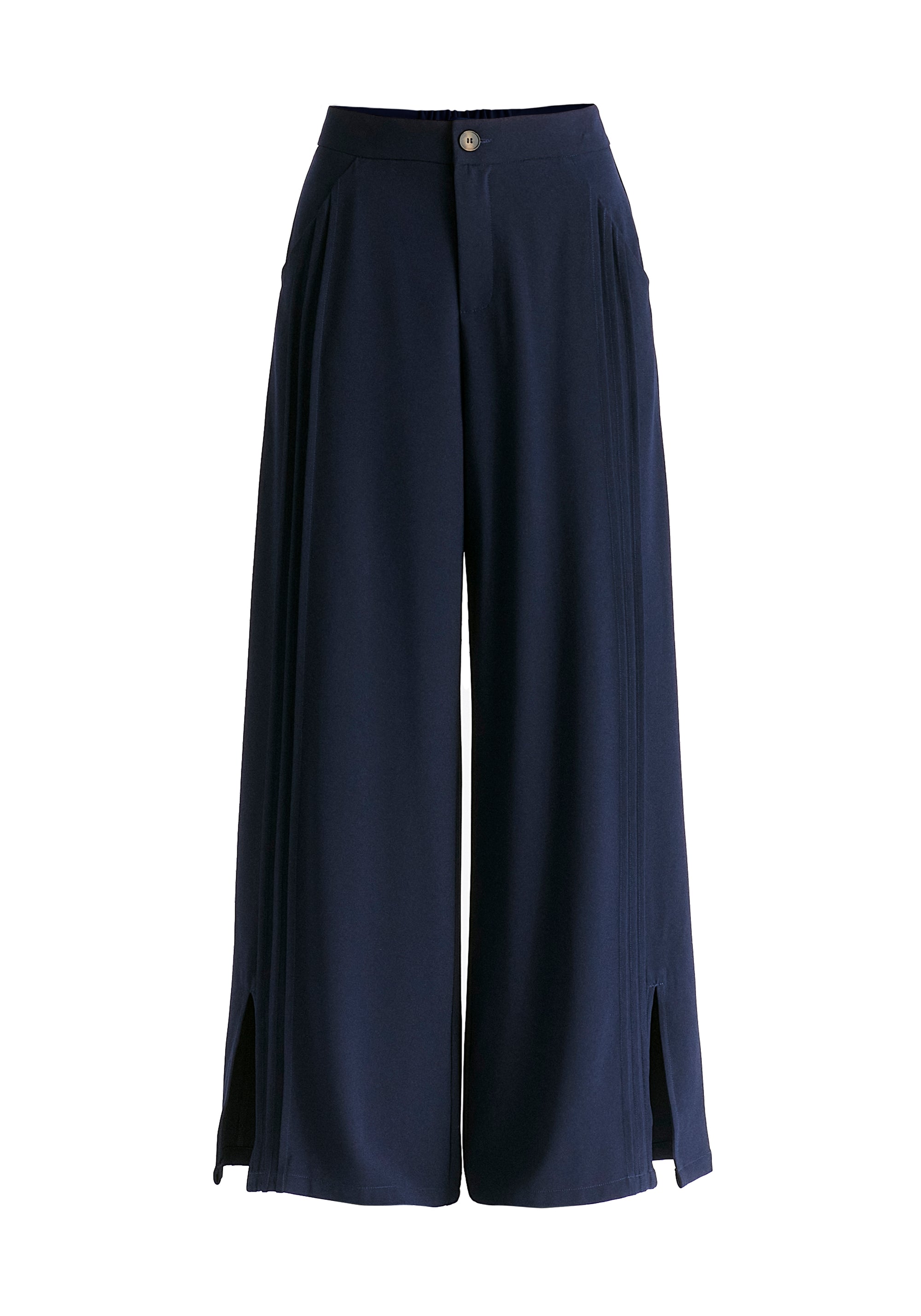 Wide Leg Trousers with Side Pleats and Split Hem In Navy Cutout