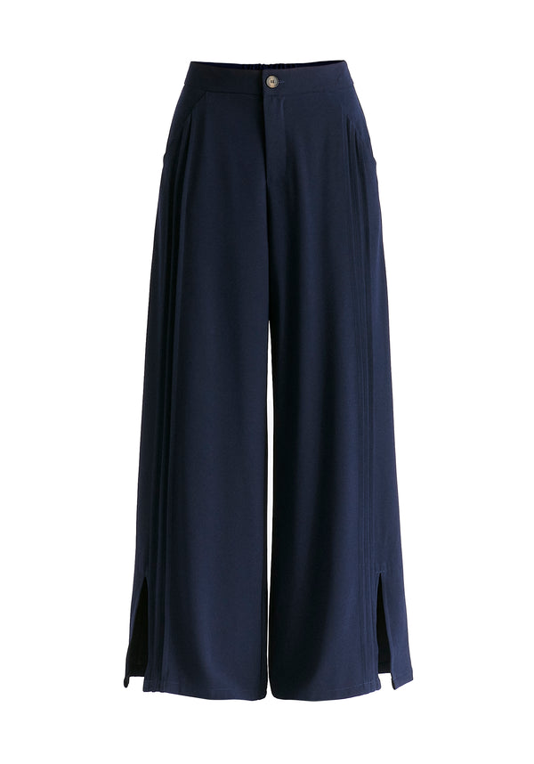 Wide Leg Trousers with Side Pleats and Split Hem In Navy Cutout