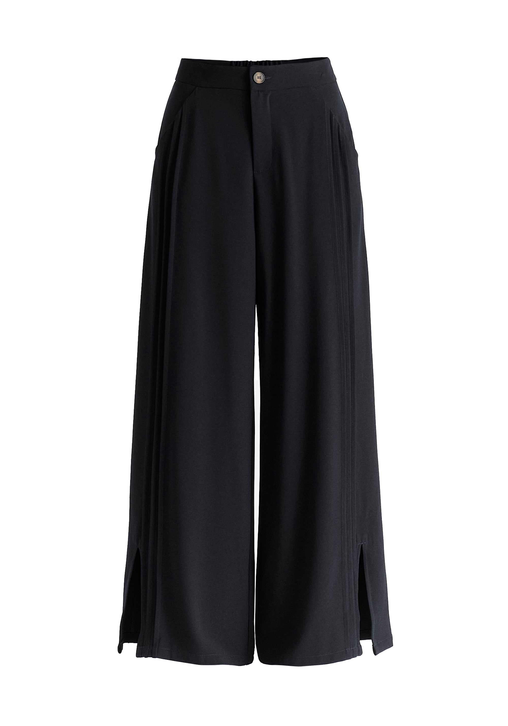 Wide Leg Trousers with Side Pleats and Split Hem In Black Cutout