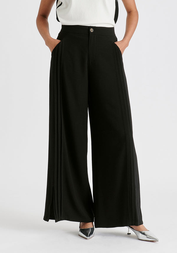 Wide Leg Trousers with Side Pleats and Split Hem in Black Close Up