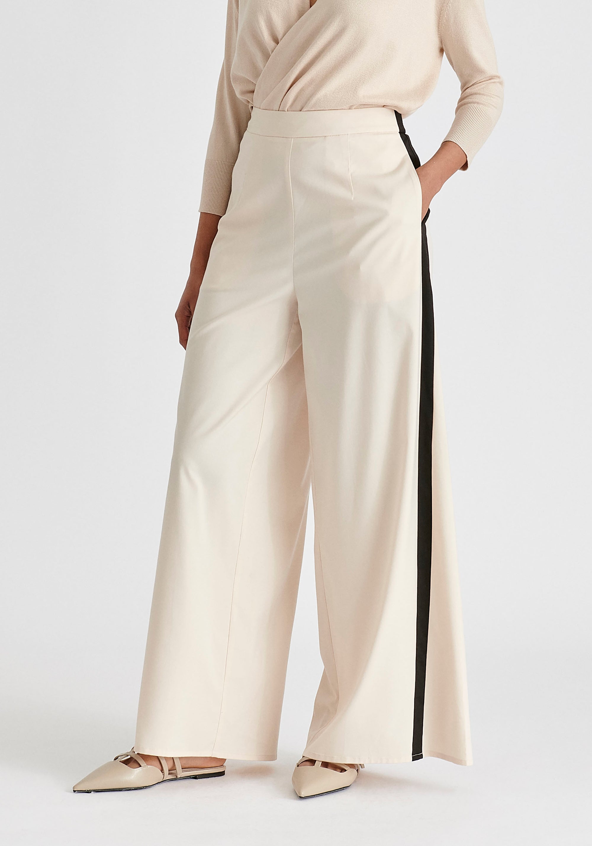 Contrast Trim Wide Leg Trousers in Beige and Black Closeup