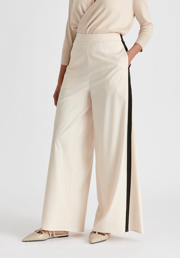 Contrast Trim Wide Leg Trousers in Beige and Black Closeup