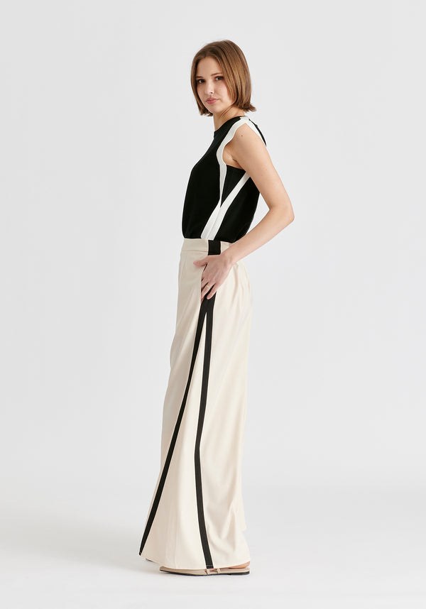 Contrast Trim Wide Leg Trousers in Beige and Black Side