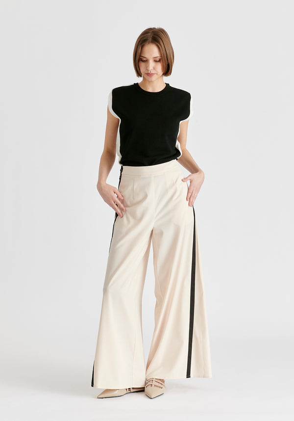 Contrast Trim Wide Leg Trousers in Beige and Black Front