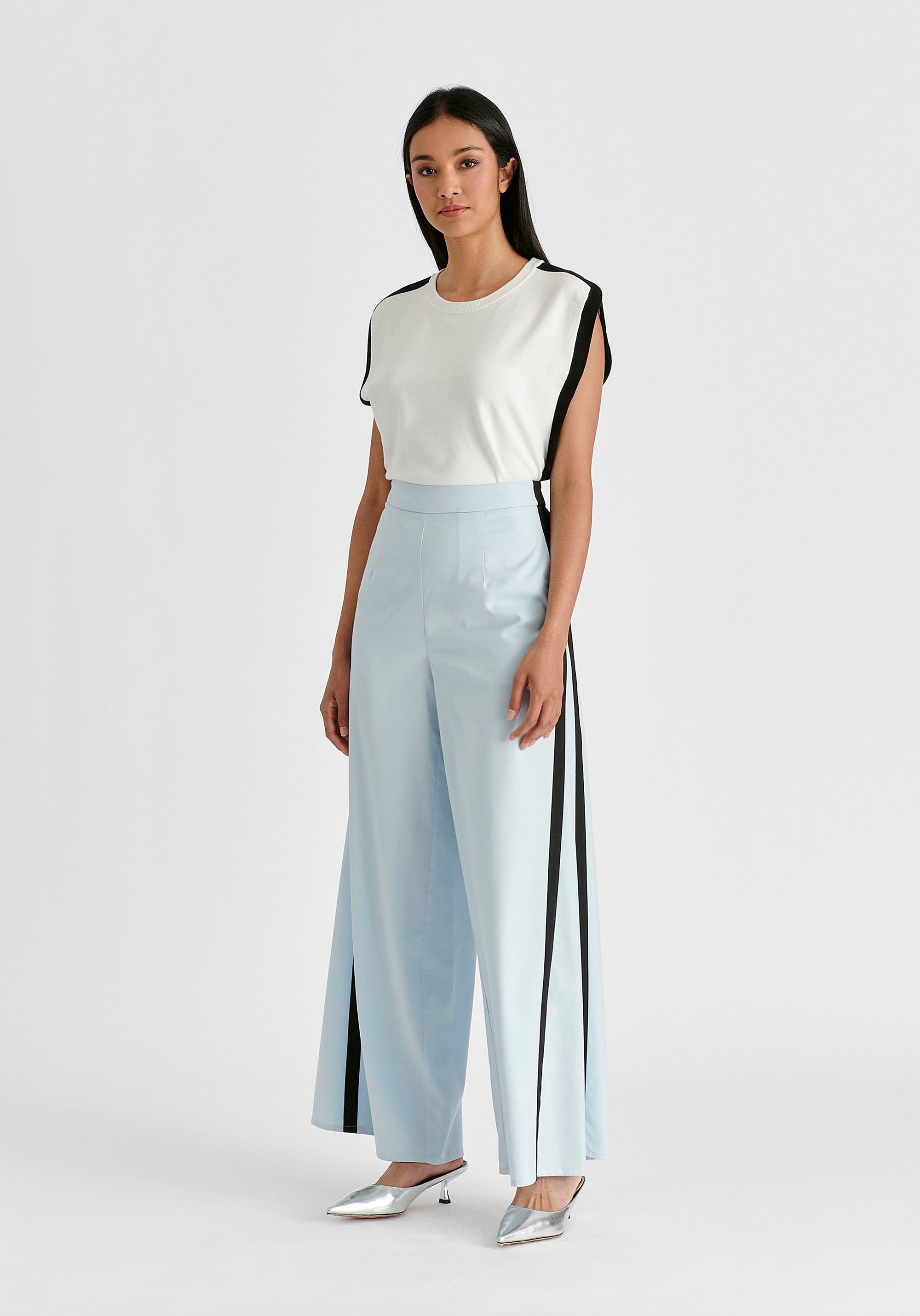 Contrast Trim Wide Leg Trousers in Light Blue and Black