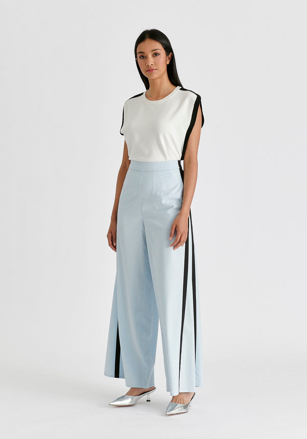 Contrast Trim Wide Leg Trousers in Light Blue and Black