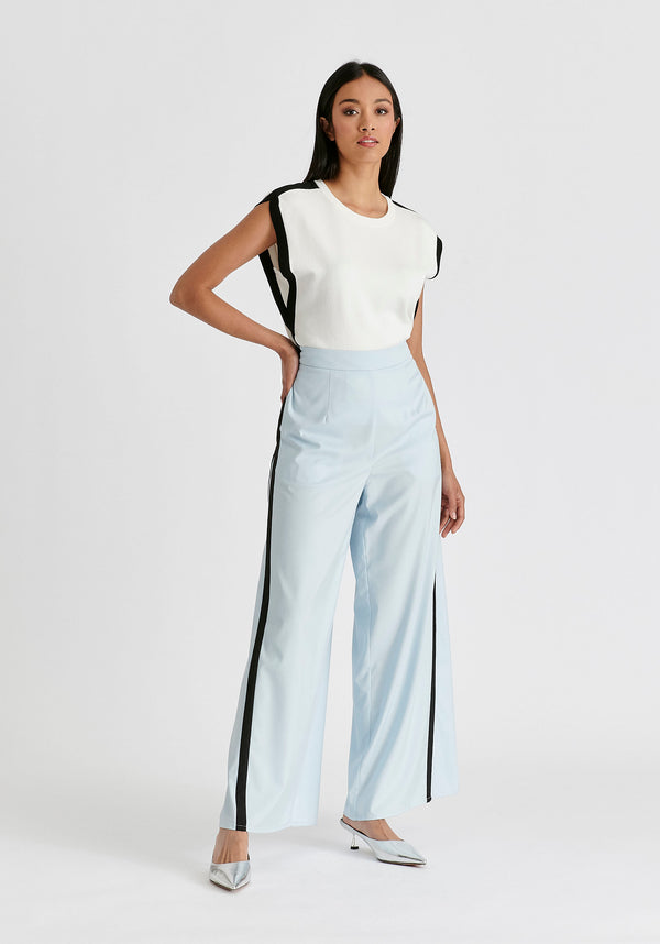 Contrast Trim Wide Leg Trousers in Light Blue and Black Front