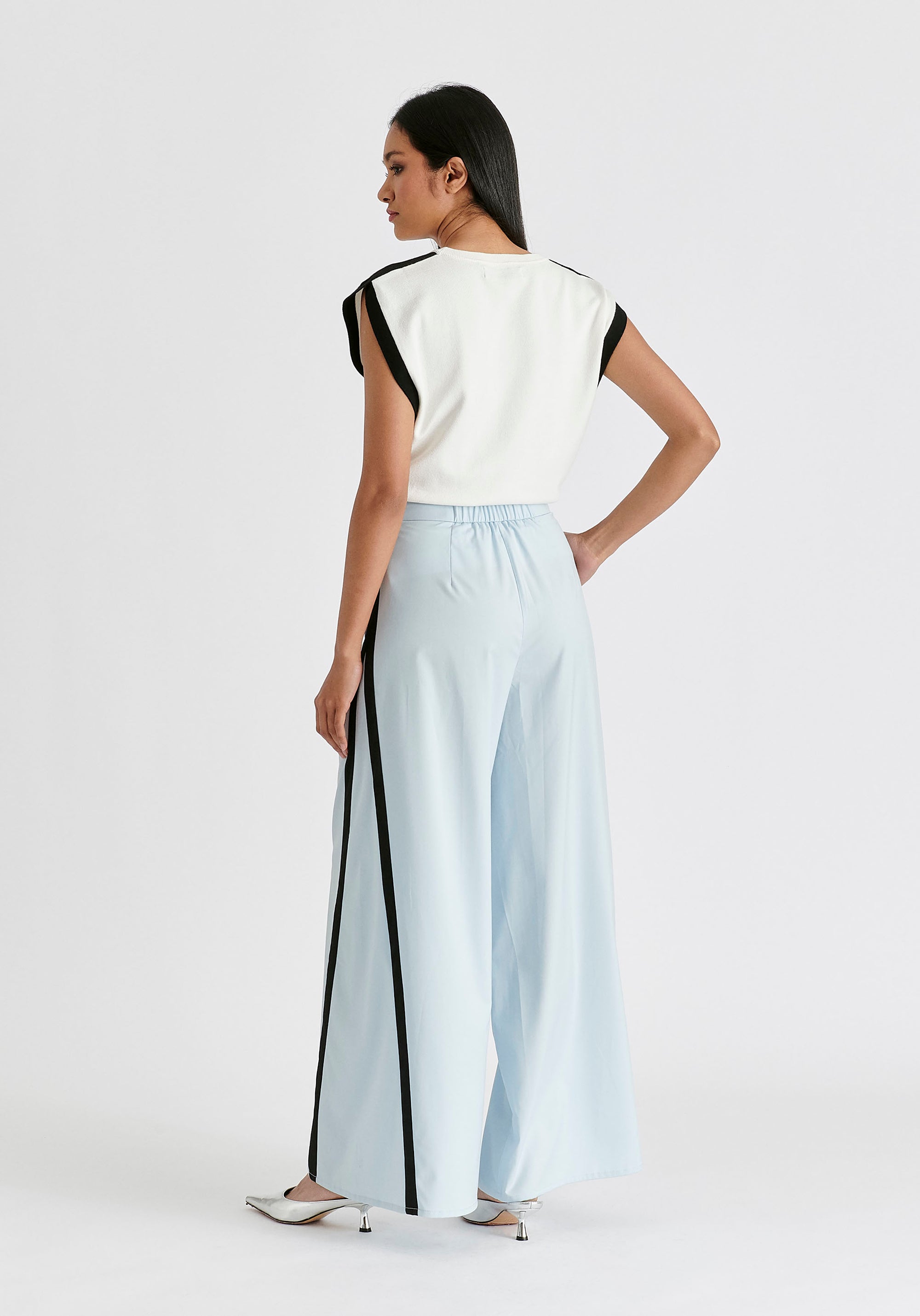 Contrast Trim Wide Leg Trousers in Light Blue and Black Back