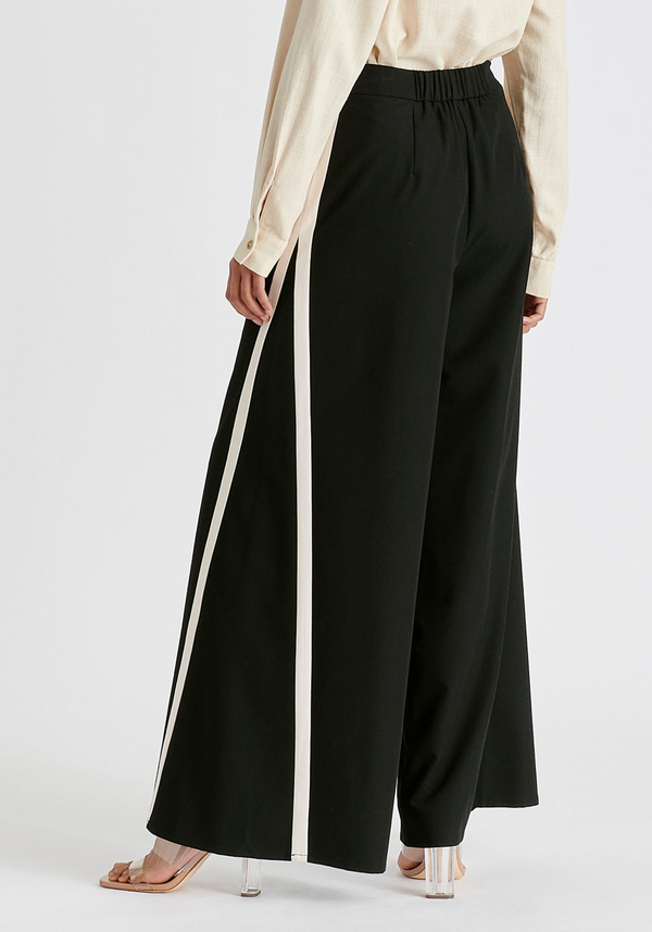 Contrast Trim Wide Leg Trousers in Black and Beige