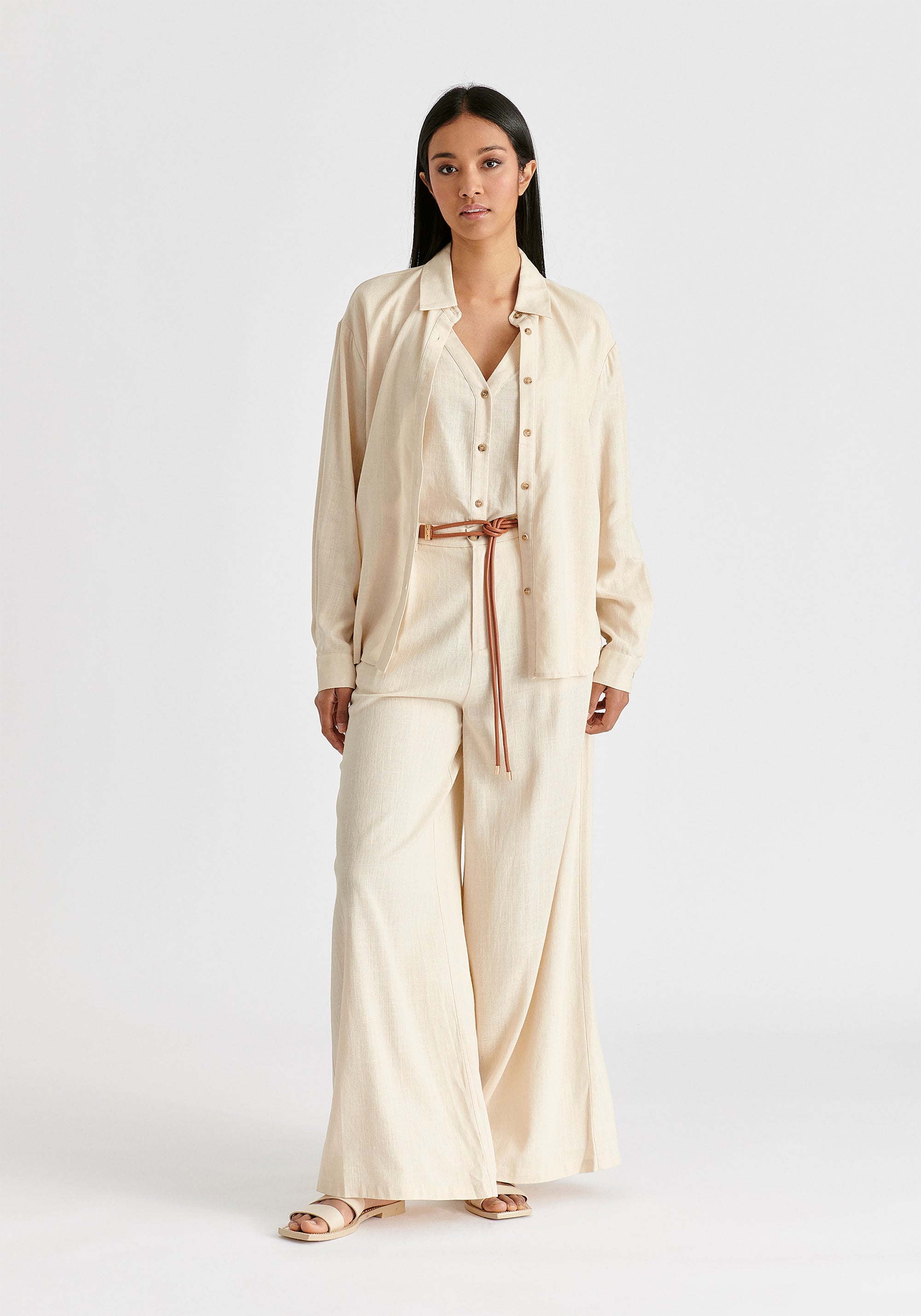 Linen Blend Wide Leg Trousers with Belt in Oatmeal Front