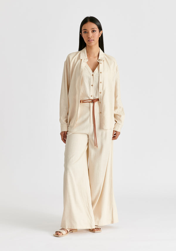 Linen Blend Wide Leg Trousers with Belt in Oatmeal Front