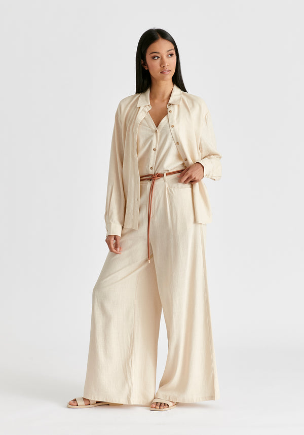 Linen Blend Wide Leg Trousers with Belt in Oatmeal Side