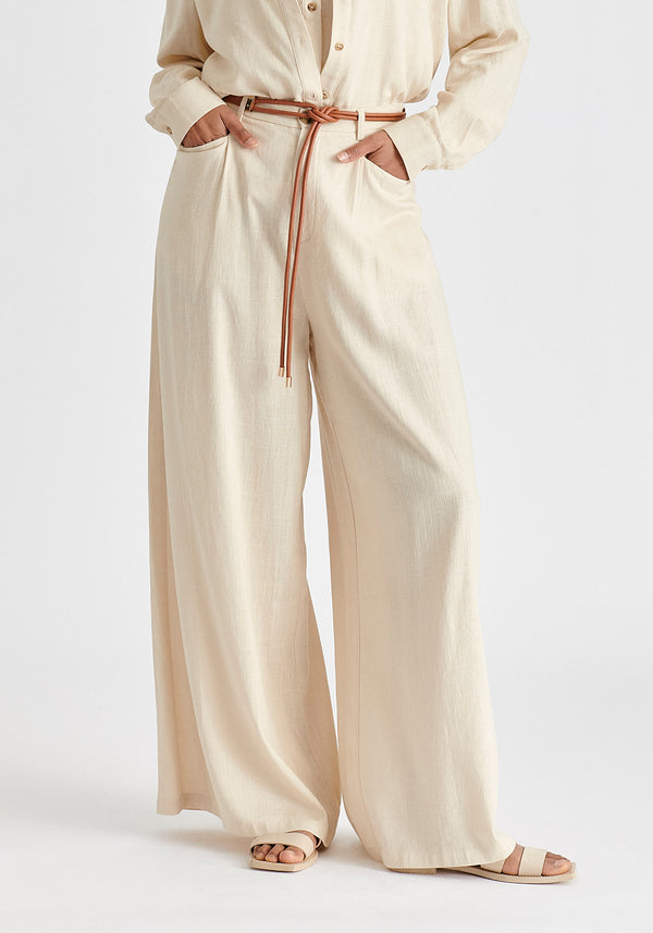 Linen Blend Wide Leg Trousers with Belt in Oatmeal