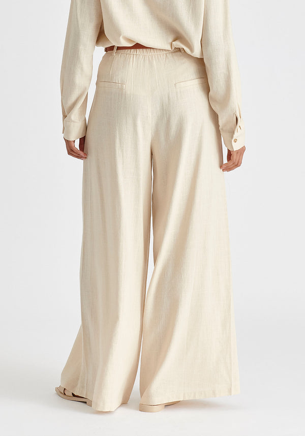 Linen Blend Wide Leg Trousers with Belt in Oatmeal Back