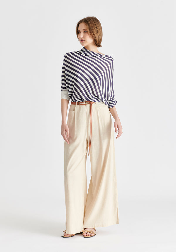 Linen Blend Wide Leg Trousers with Belt in Oatmeal Front