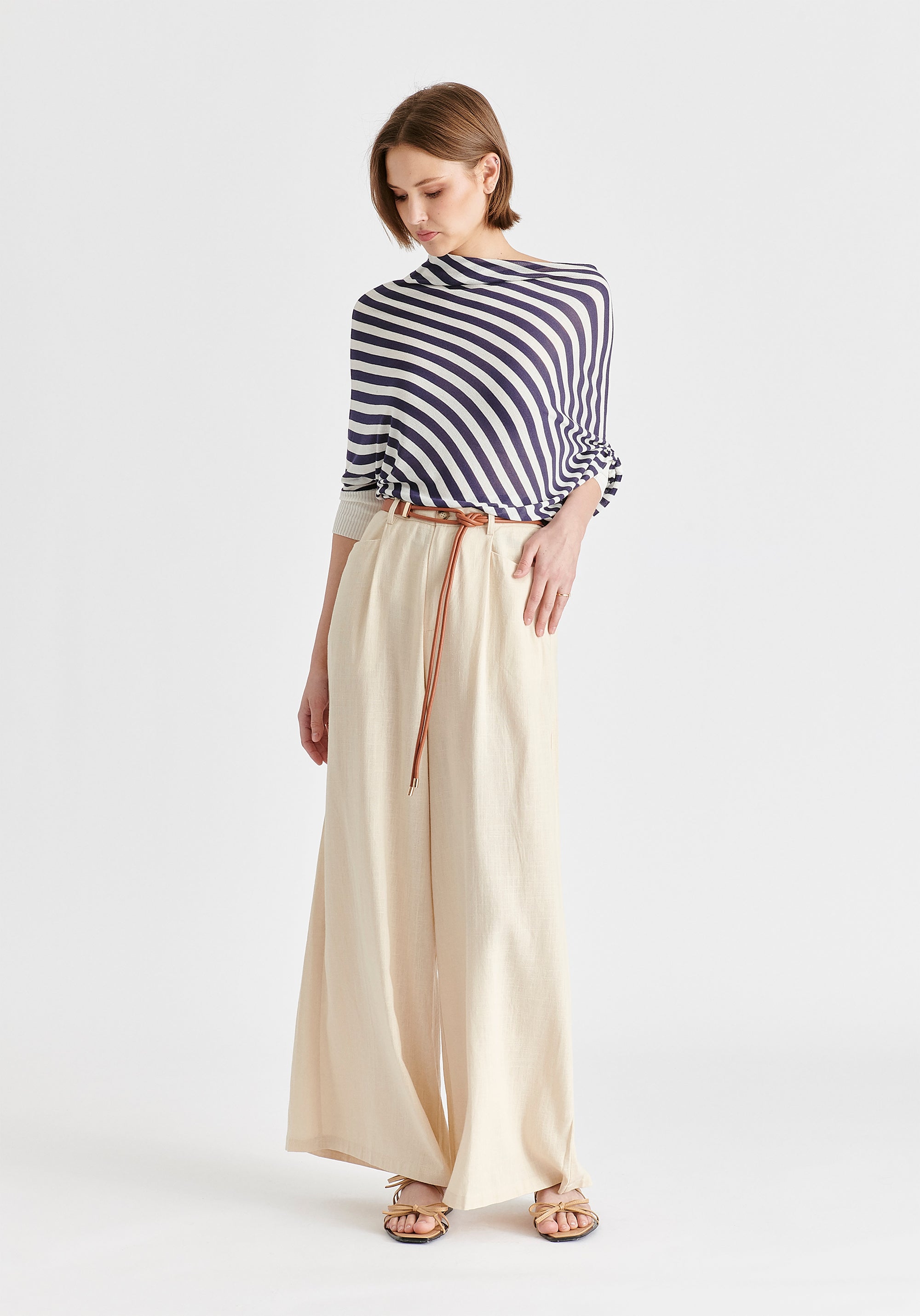 Linen Blend Wide Leg Trousers with Belt in Oatmeal Front
