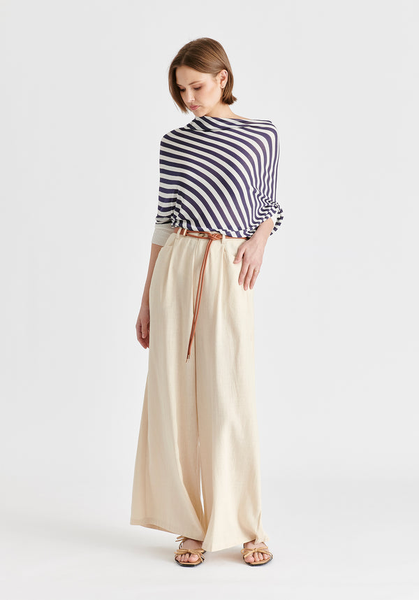 Linen Blend Wide Leg Trousers with Belt in Oatmeal Front