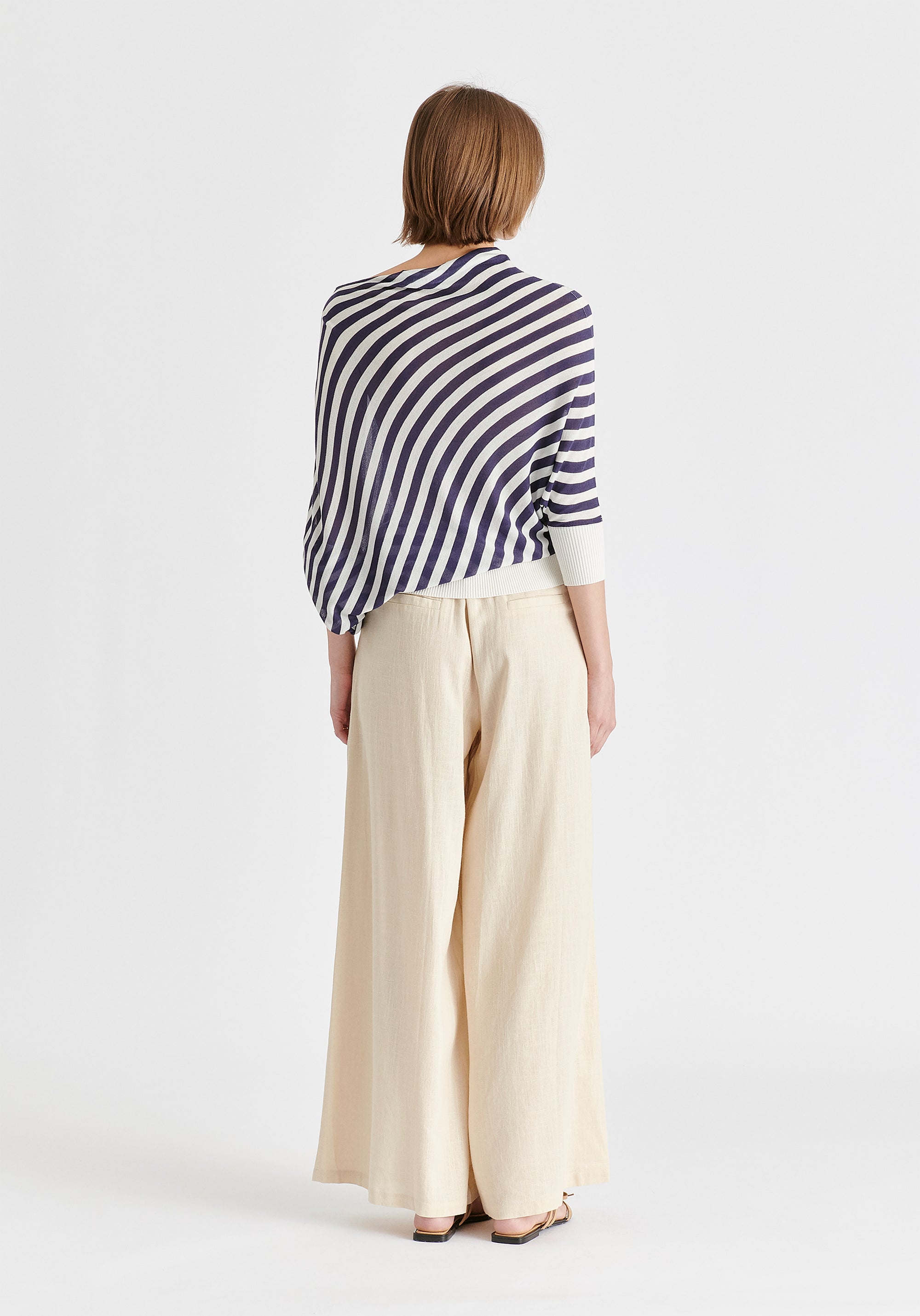 Linen Blend Wide Leg Trousers with Belt in Oatmeal Back
