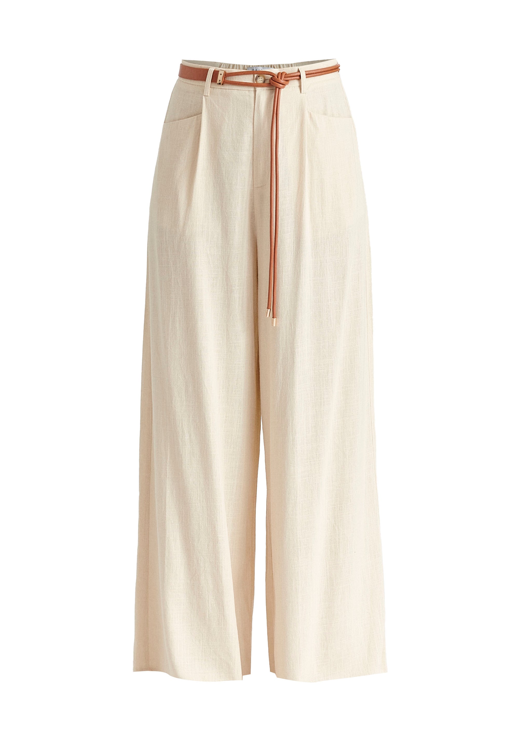 Linen Blend Wide Leg Trousers with Belt in Oatmeal Cutout