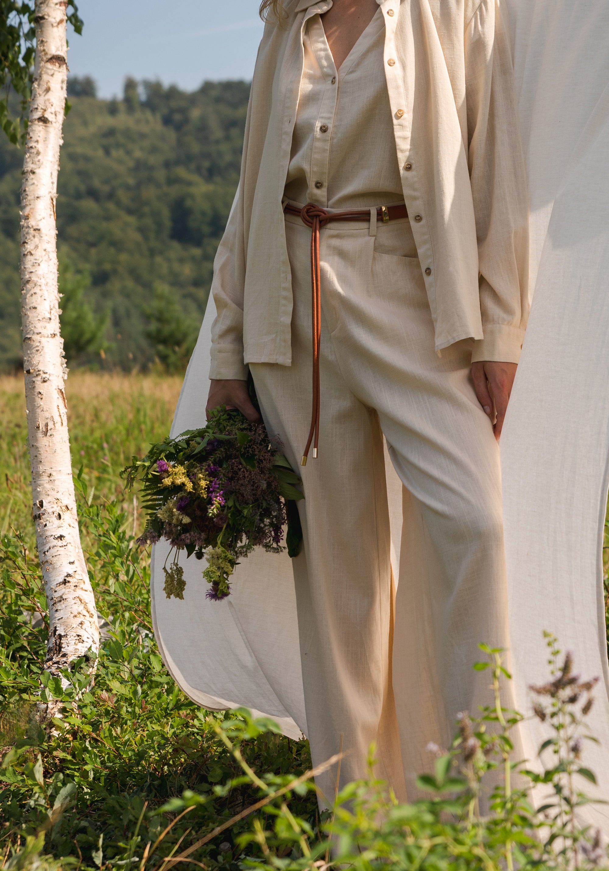 Linen Blend Wide Leg Trousers with Belt in Oatmeal