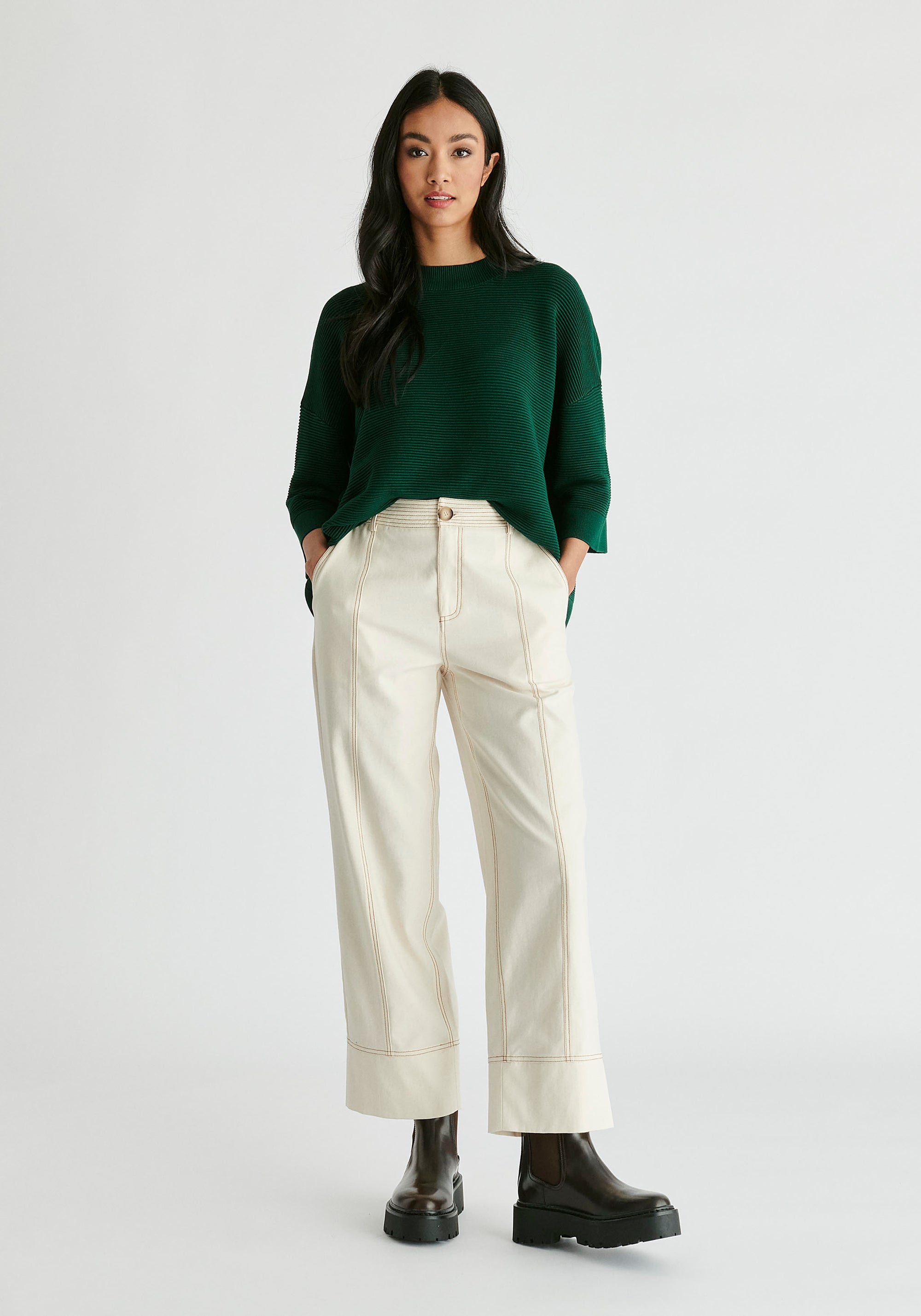 Chino Trousers with Contrast Stitching in Cream