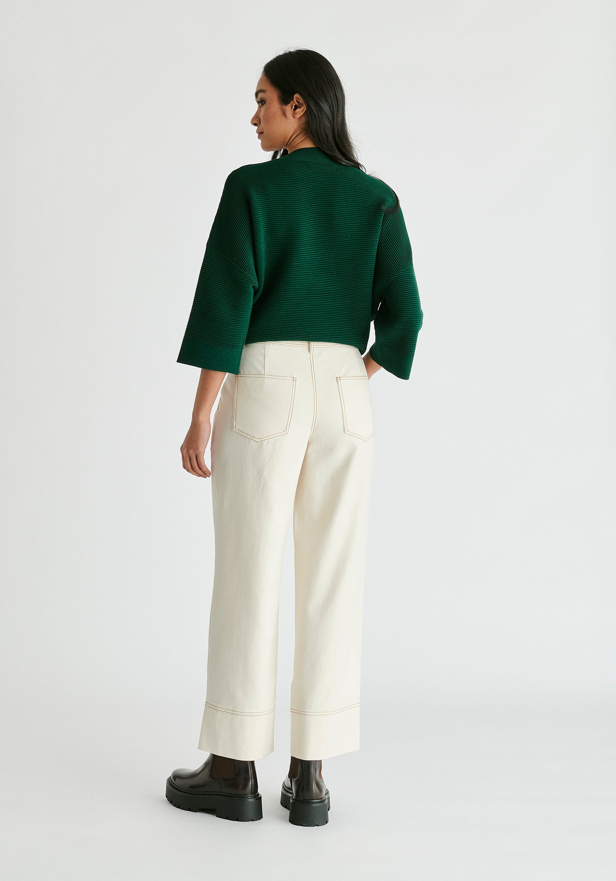 Chino Trousers with Contrast Stitching in Cream Back