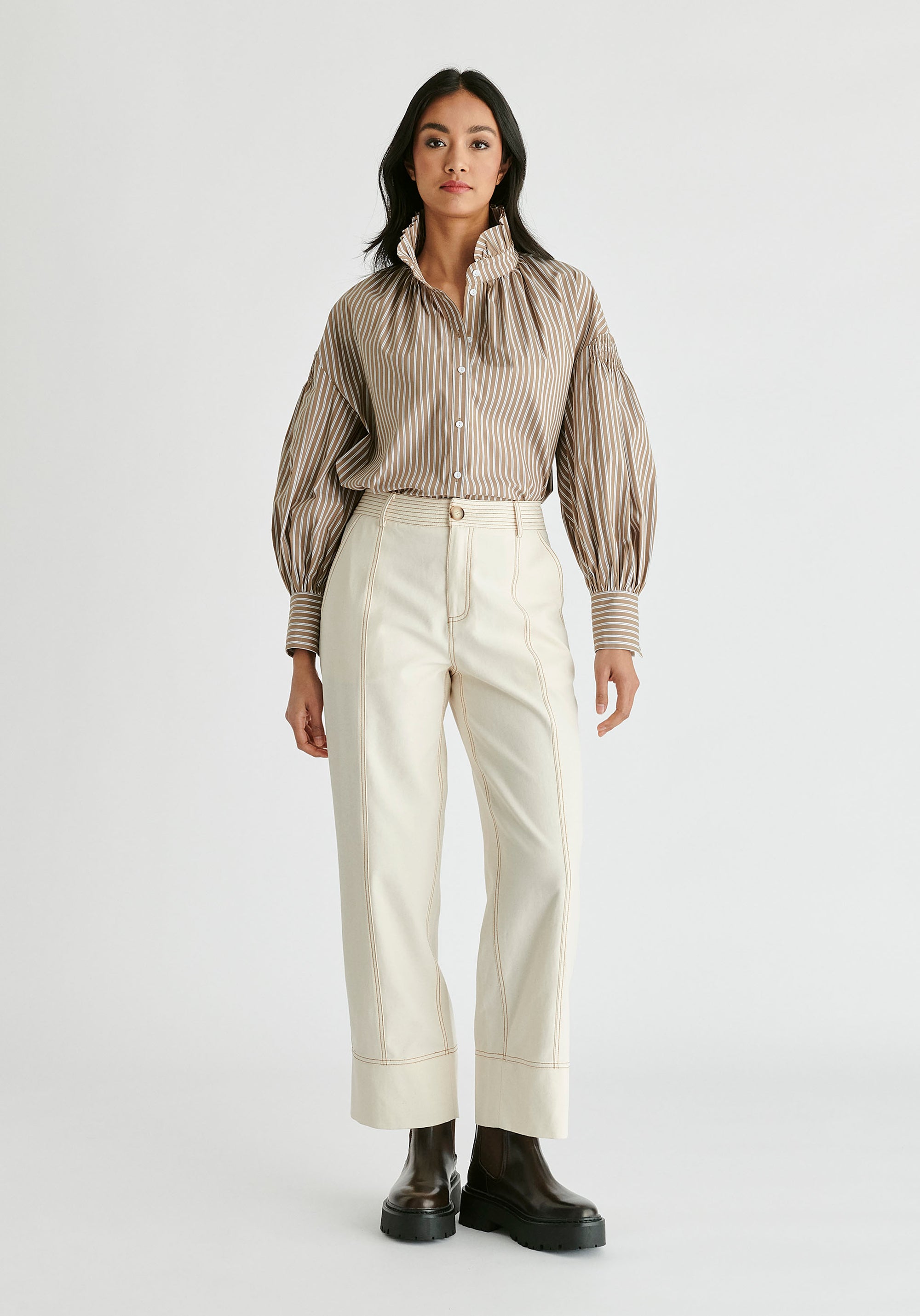 Chino Trousers with Contrast Stitching in Cream Front