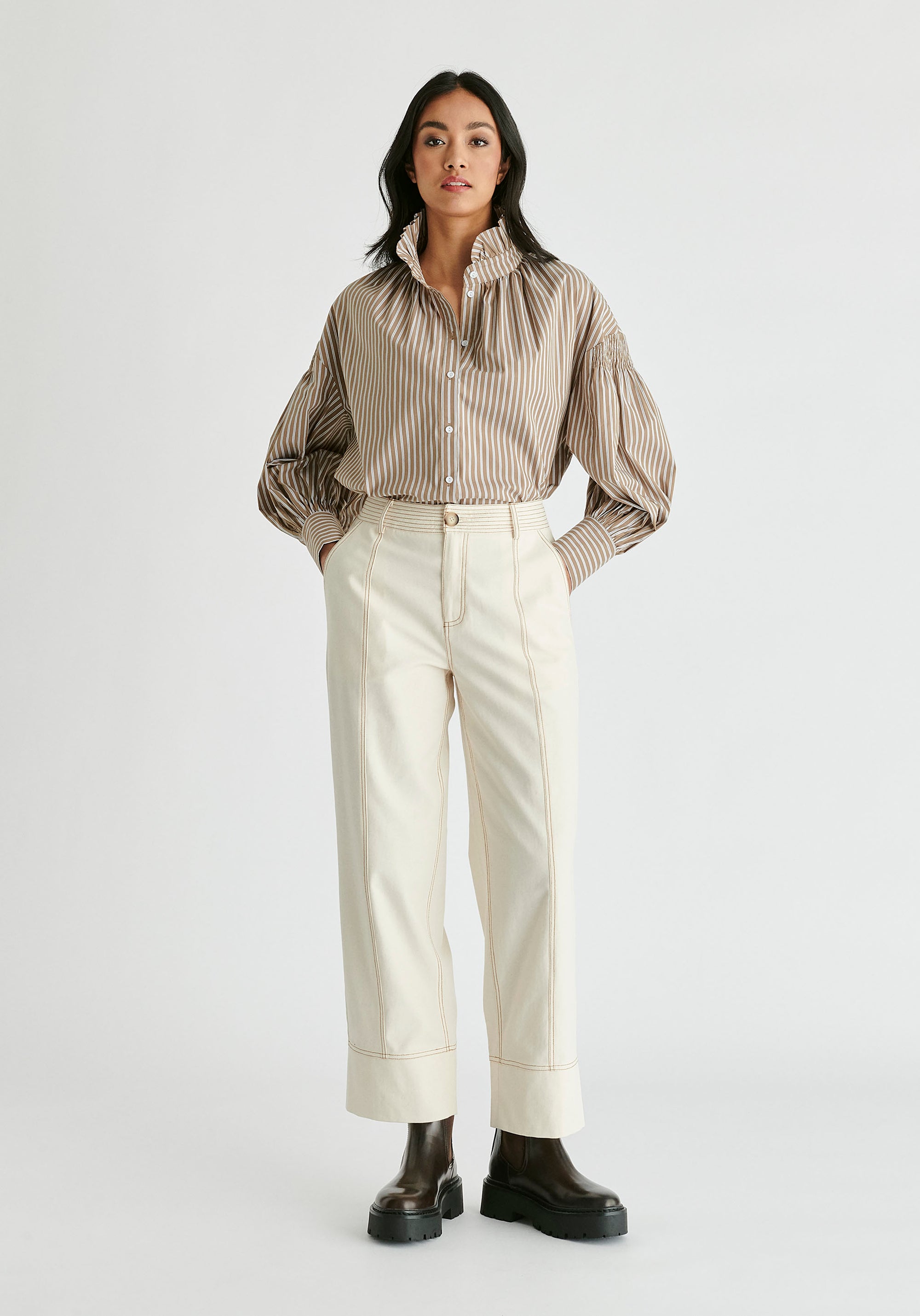 Chino Trousers with Contrast Stitching in Cream Front