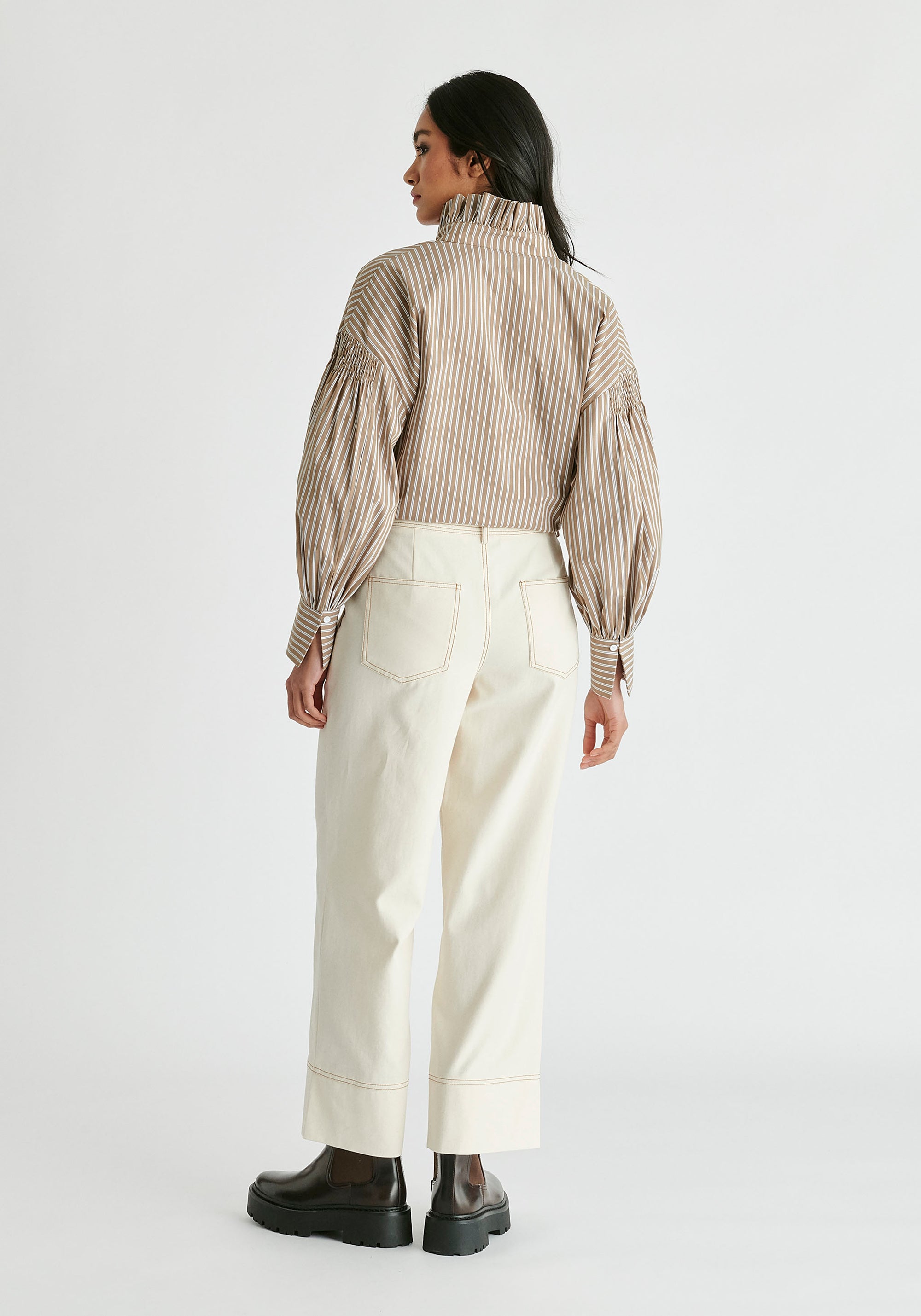 Chino Trousers with Contrast Stitching in Cream Back