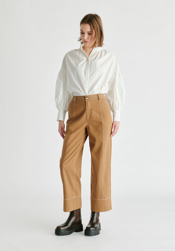 Chino Trousers with Contrast Stitching in Khaki Front