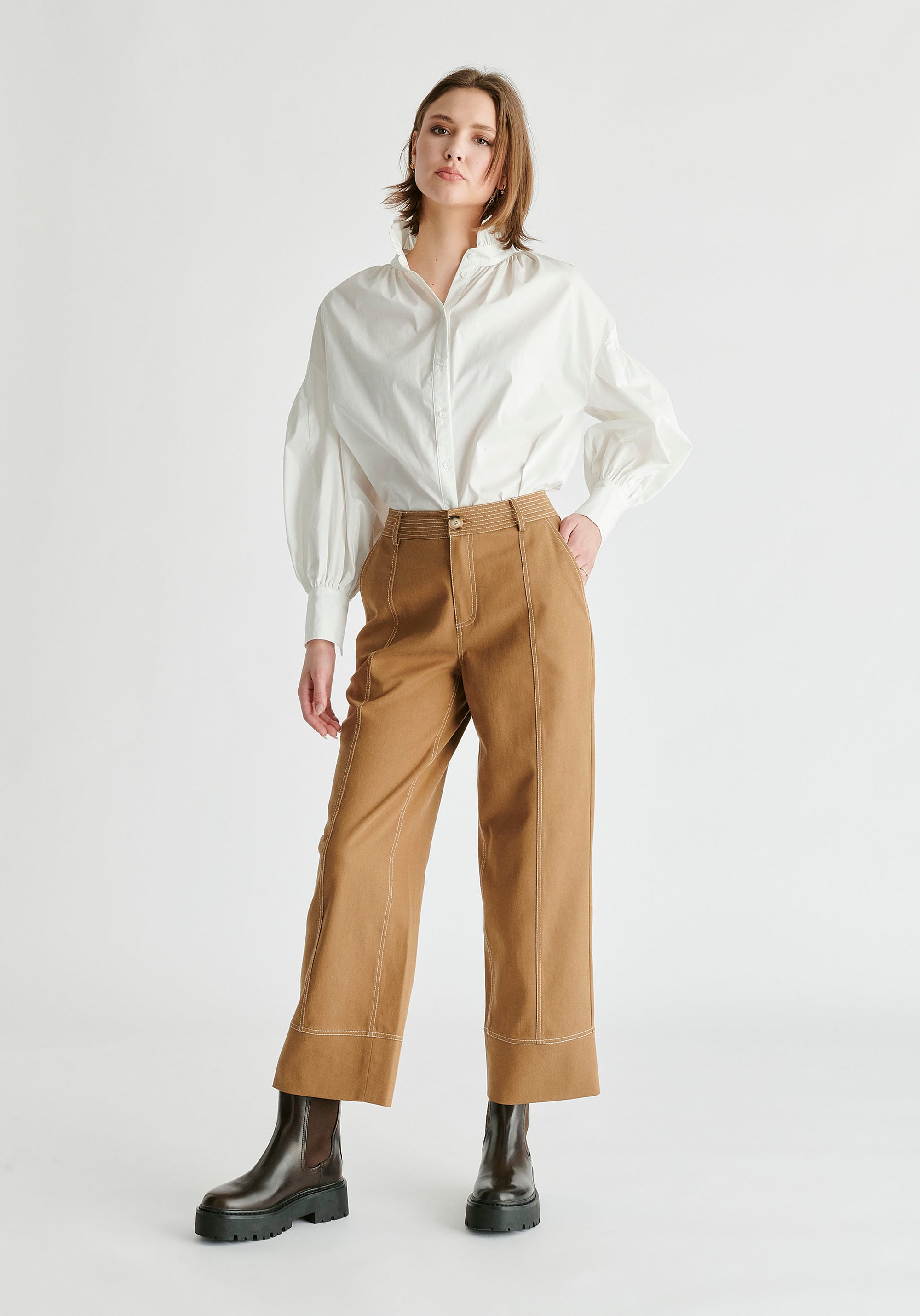 Chino Trousers with Contrast Stitching in Khaki Front