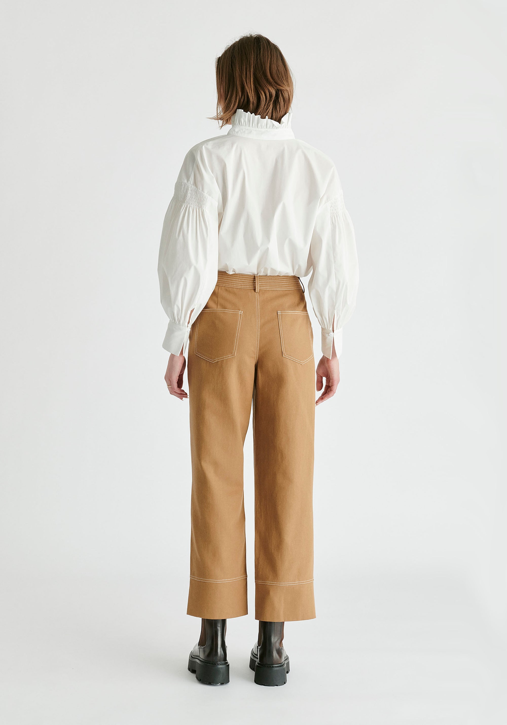 Chino Trousers with Contrast Stitching in Khaki Back