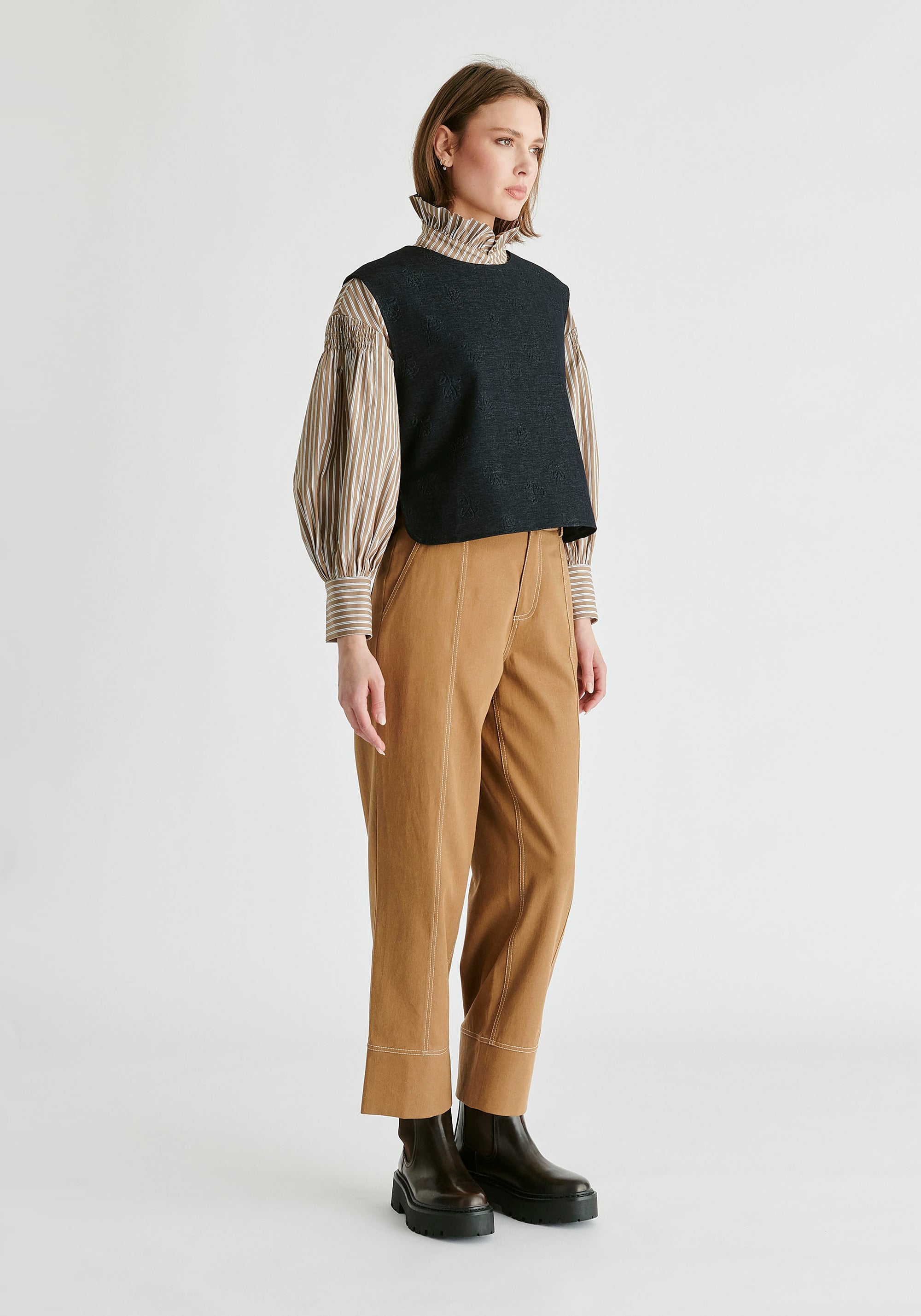 Chino Trousers with Contrast Stitching in Khaki Side