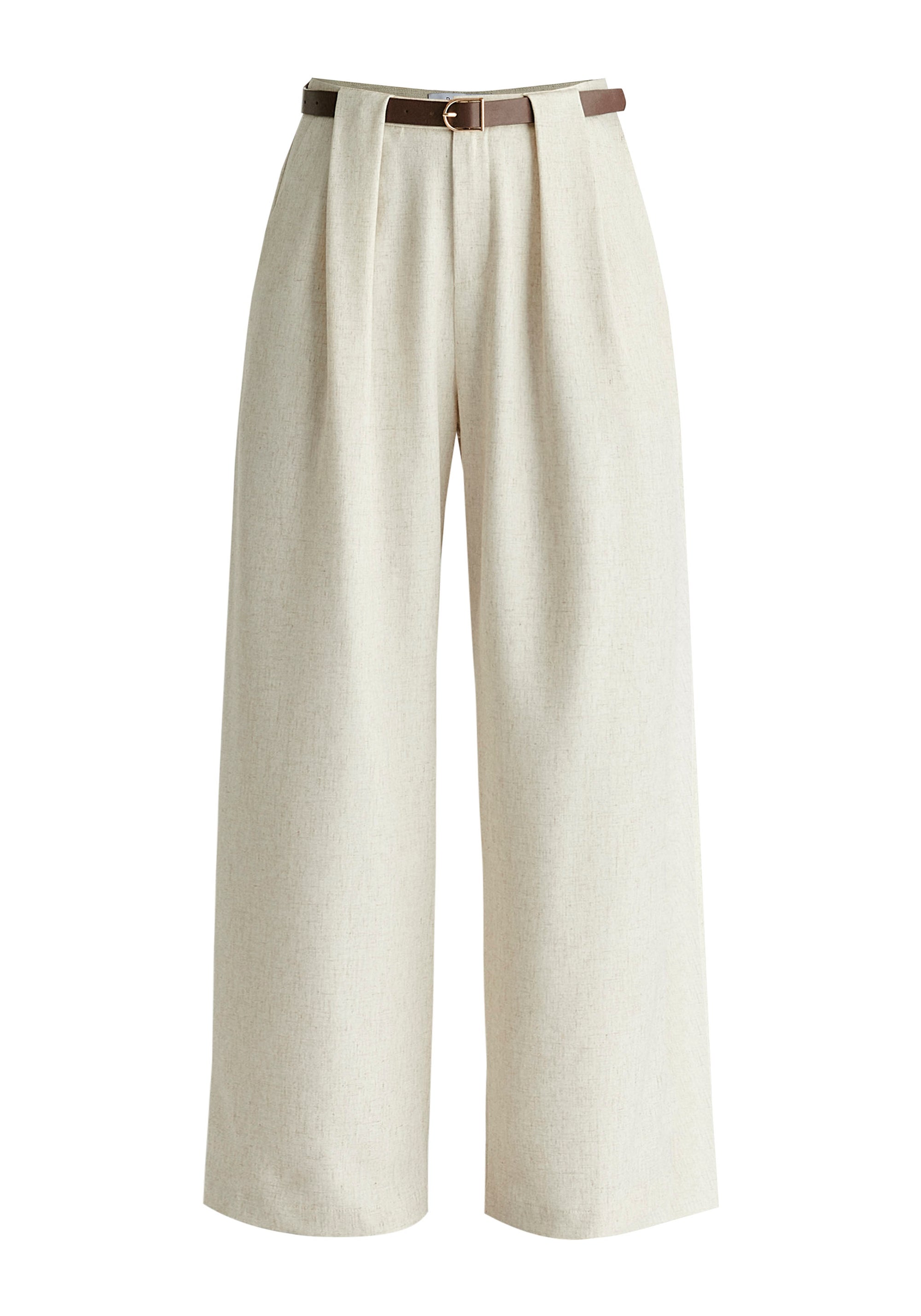 Belted Wide Leg Trousers with Box Pleats in Oatmeal Cutout