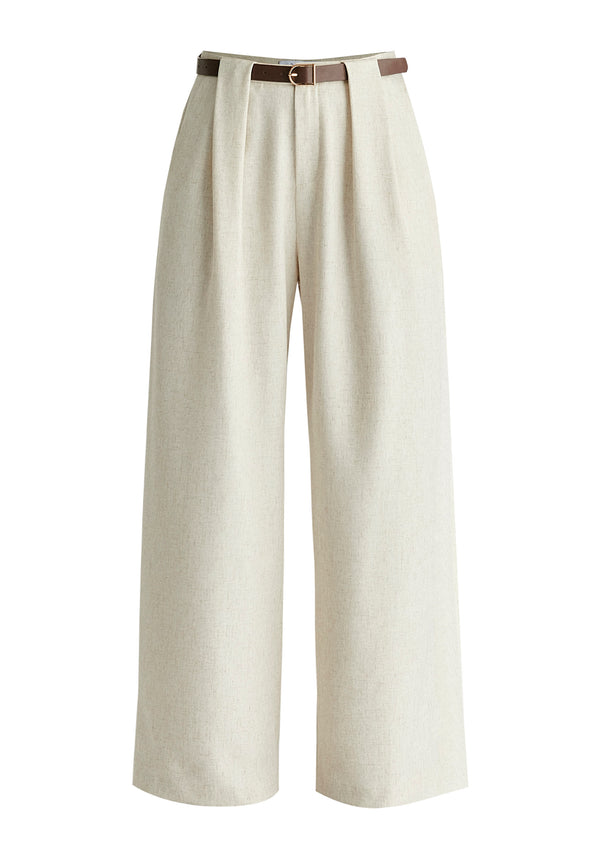 Belted Wide Leg Trousers with Box Pleats in Oatmeal Cutout