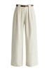 Belted Wide Leg Trousers with Box Pleats in Oatmeal Cutout