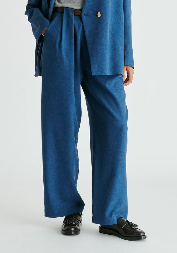 Belted Wide Leg Trousers with Box Pleats in Denim Blue Close up