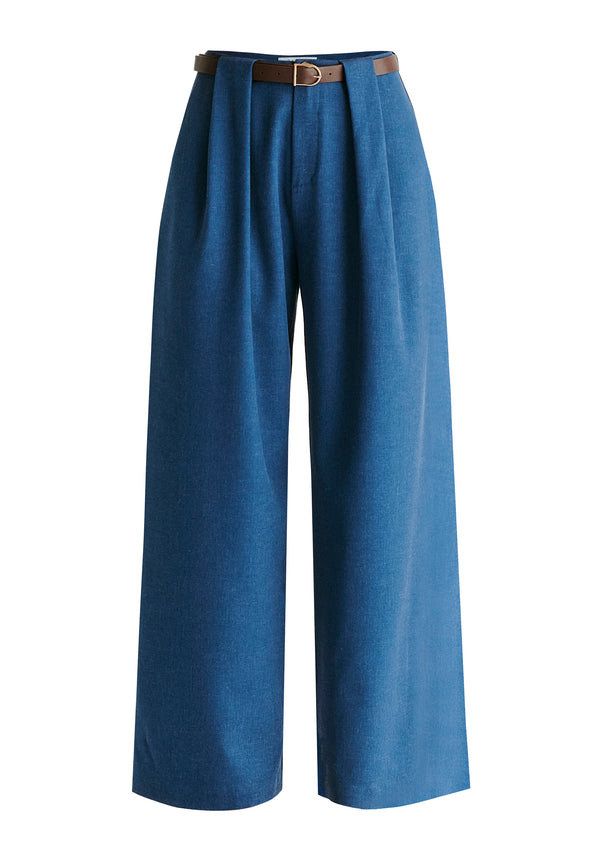 Belted Wide Leg Trousers with Box Pleats in Denim Blue Cutout